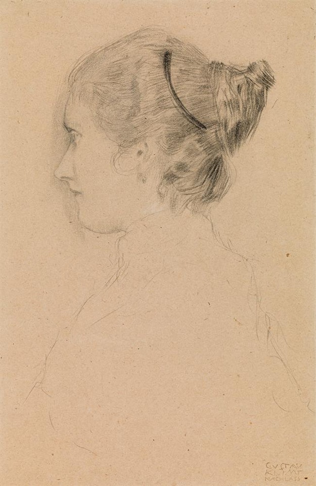 Half-length portrait of a girl in profile to the left; studies of two hands verso (on both sides) by Gustav Klimt