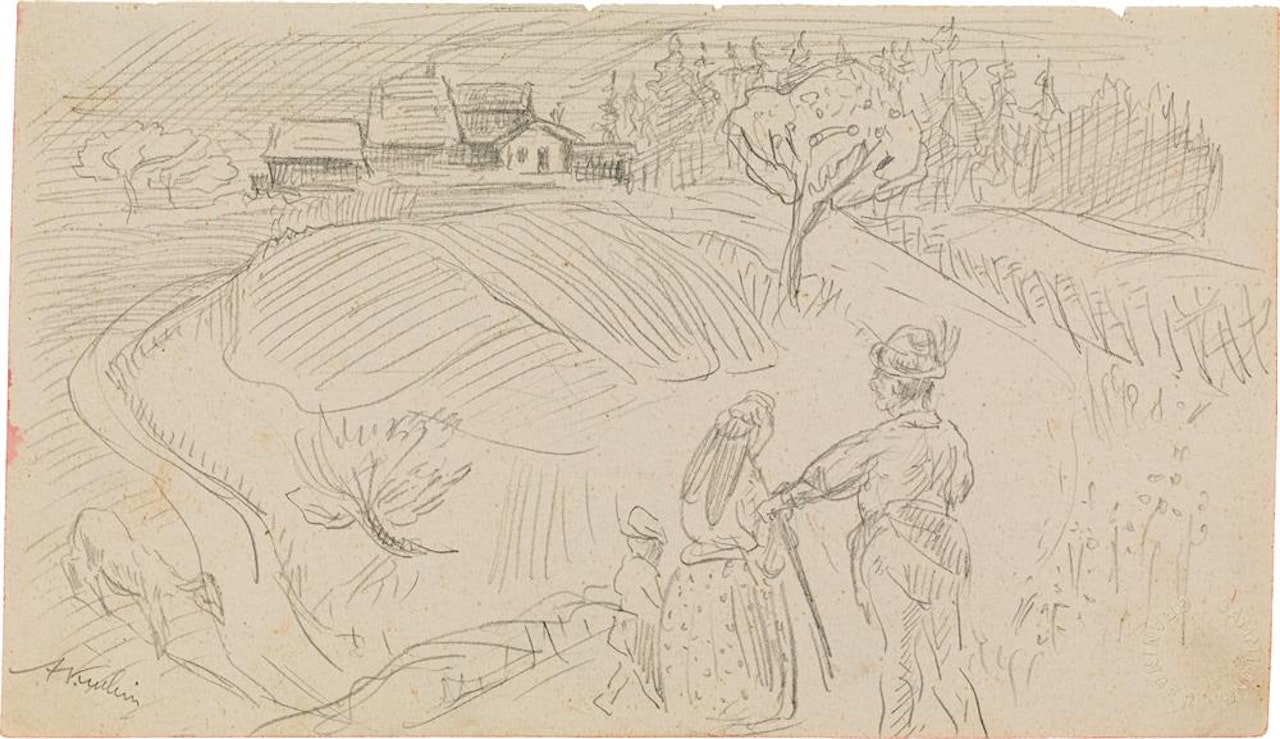 Landscape with figures, verso: Street scene with soldiers by Alfred Kubin