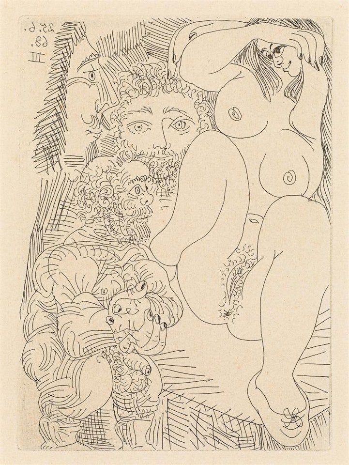 Jeune courtisane avec un gentil homme, un sculpteur, et un vieillard alléché (sheet 52 from "La Célestine") by Pablo Picasso