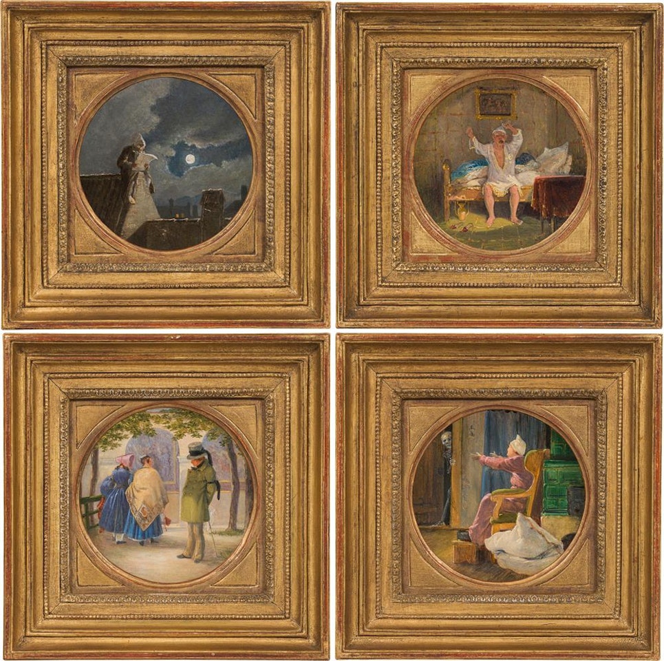 "Erfahrungen eines älteren Mannes" (four round medaillons) by Carl Spitzweg