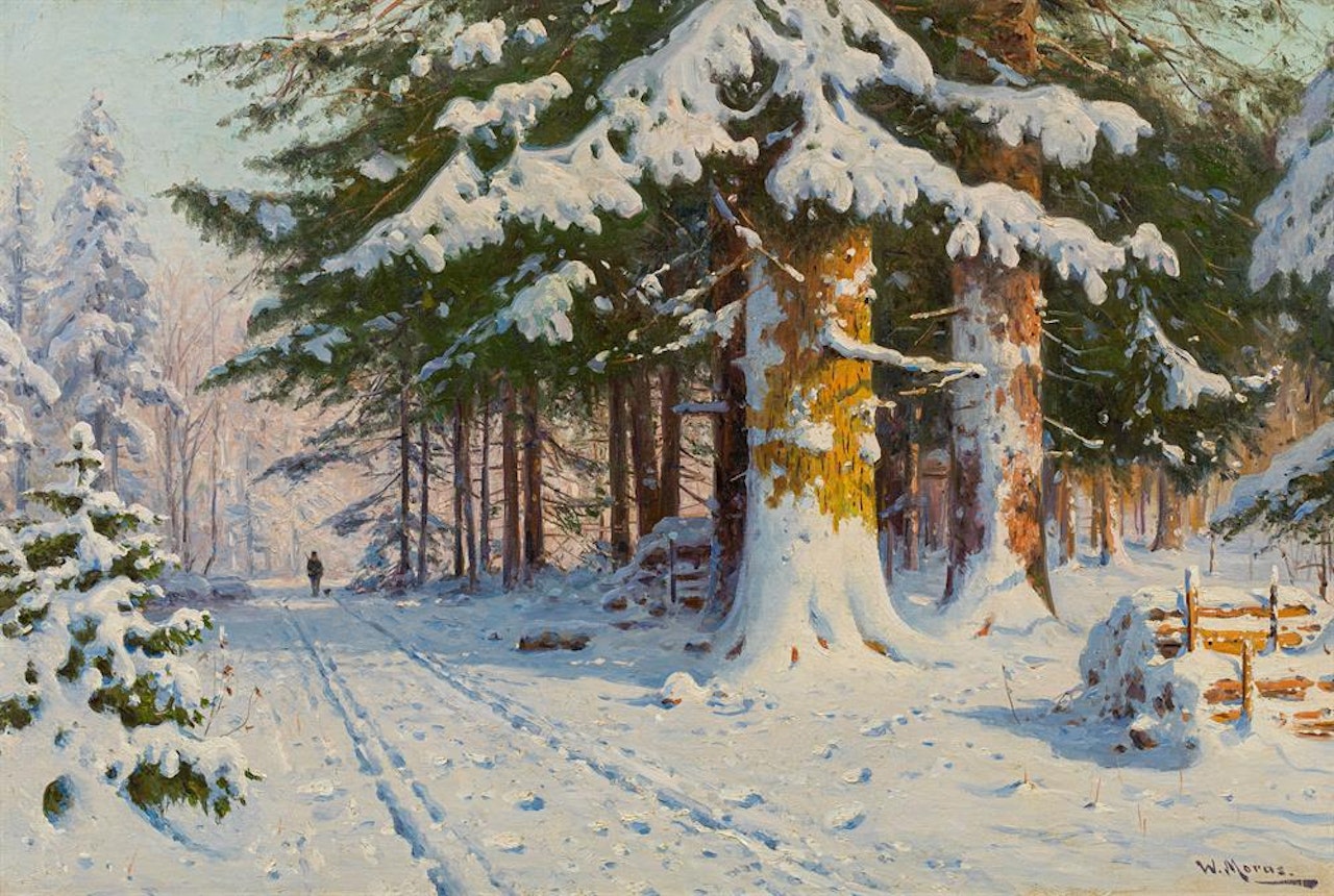 Hunter in a winter forest by Walter Moras