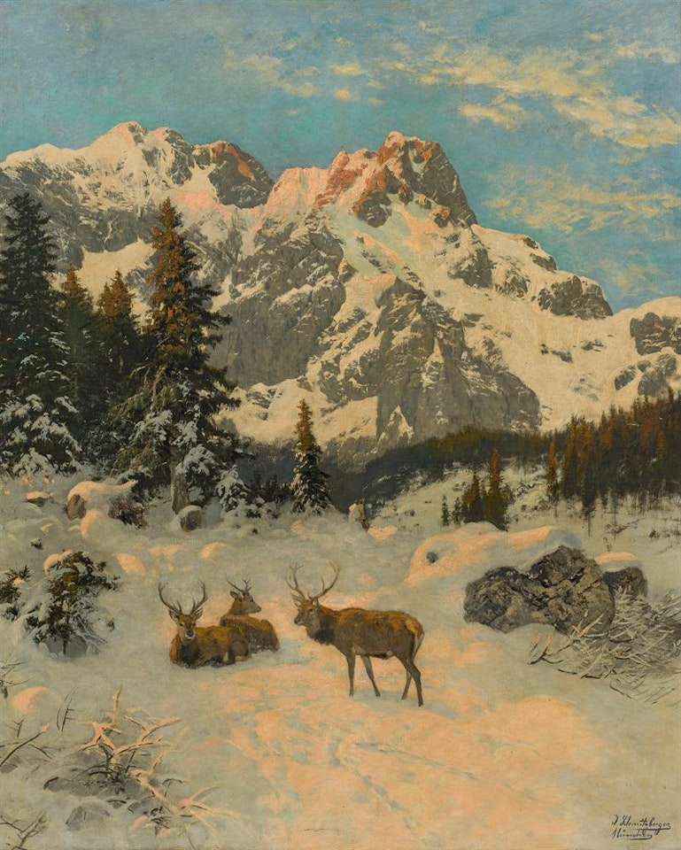Deer in a wintery mountain landscape by Josef Schmitzberger