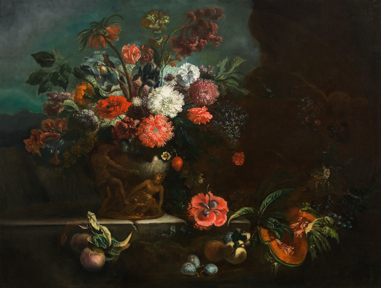 Flower still life with fruits by Roman School