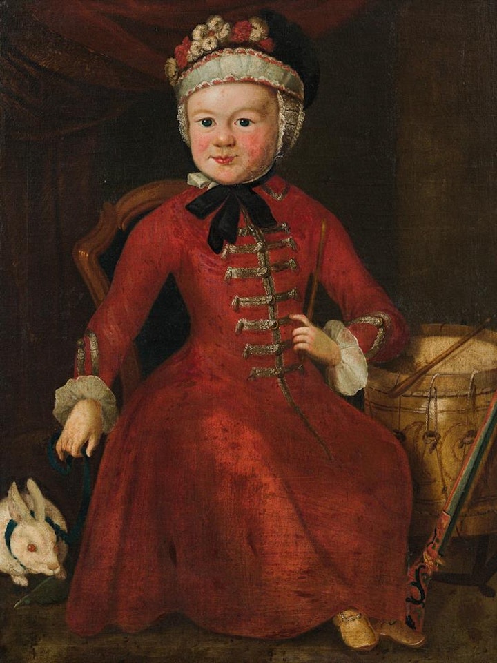 Child with rabbit and drum by German School