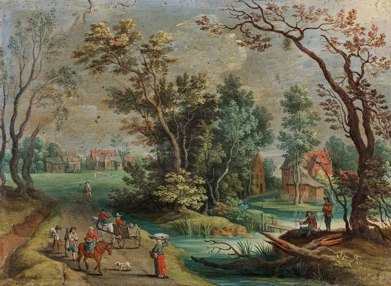 Figures on a country road beside a river by Flemish School