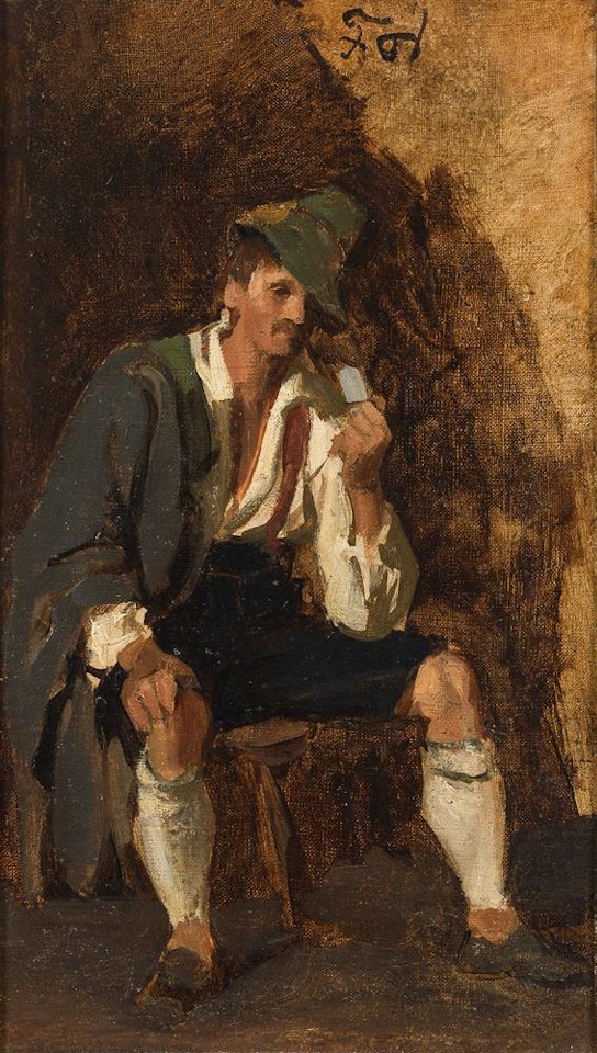 Sitting mountaineer with hat by Franz von Defregger