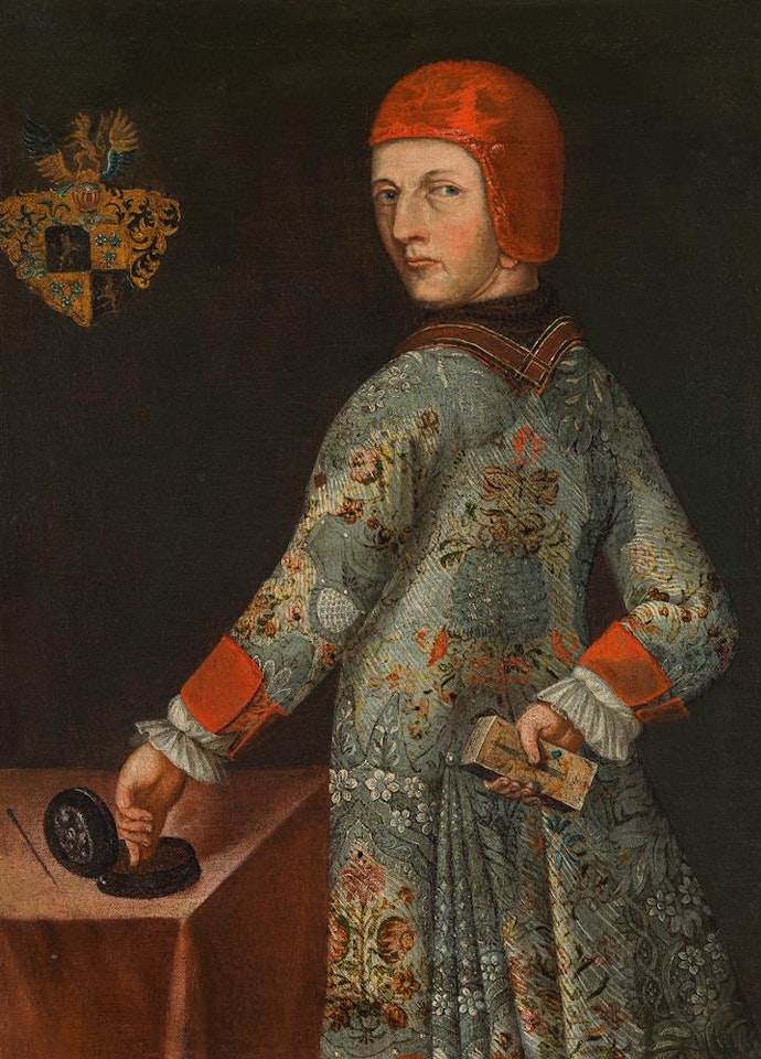 Portrait of a nobleman with camauro and brocade cloak by Venetian School