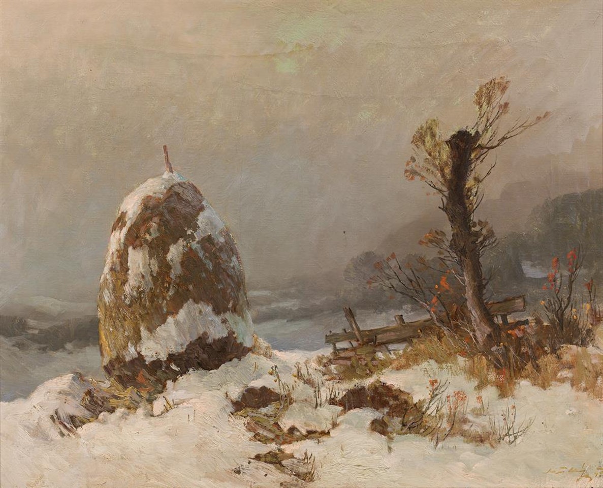 Winter landscape with haystacks by Oskar Mulley