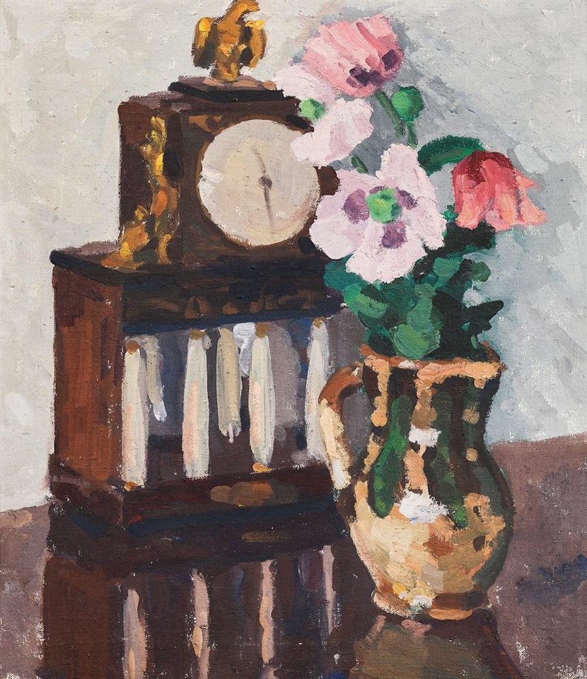 Still life with flower jug and table clock by Broncia Koller-Pinell