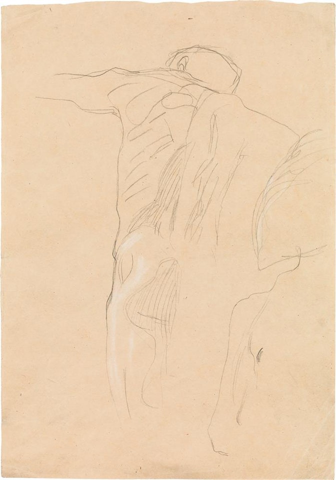 Male nude from behind with his left arm streched out, sketch on the right (study related to the faculty painting "Medizin") by Gustav Klimt