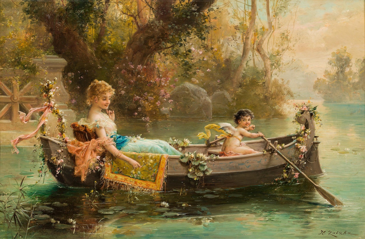 Lady and a cherub in a boat by Hans Zatzka