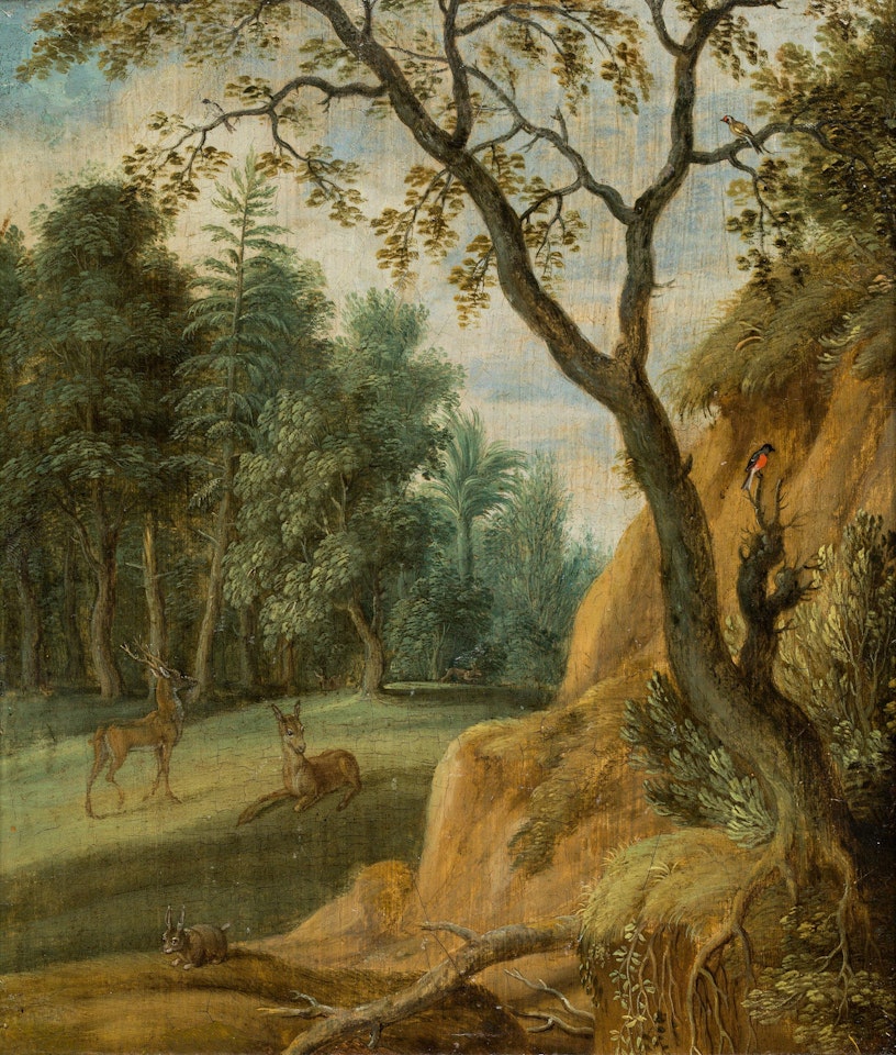 Forest landscape with animals by Flemish School