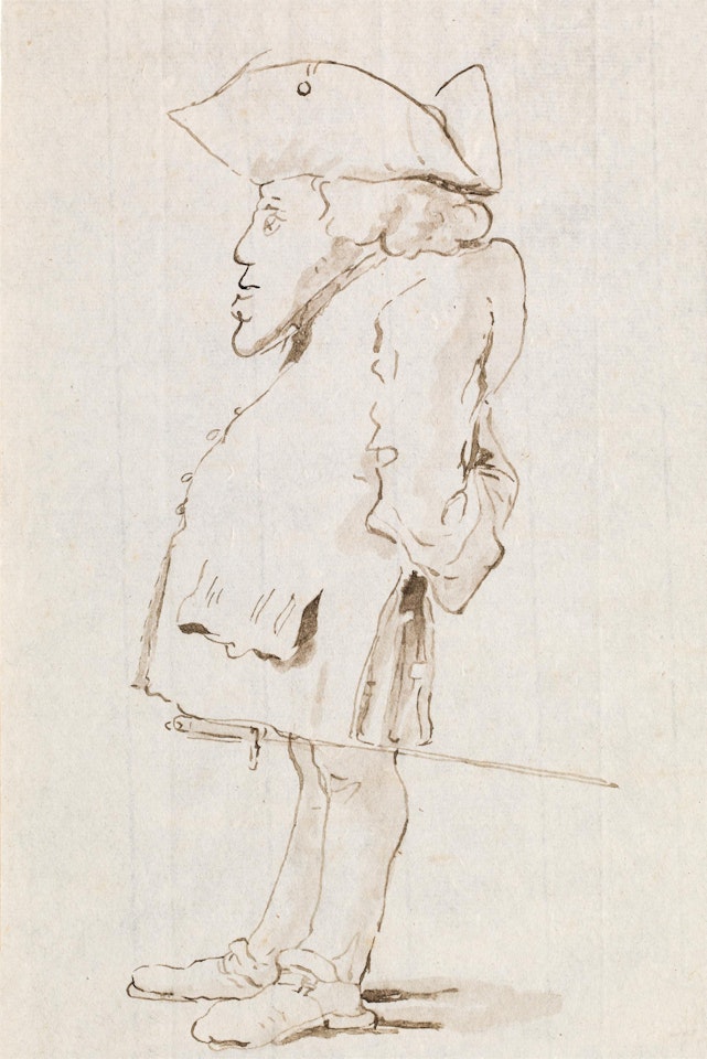 Caricature of a man with tricorn and sword by Giovanni Battista Tiepolo