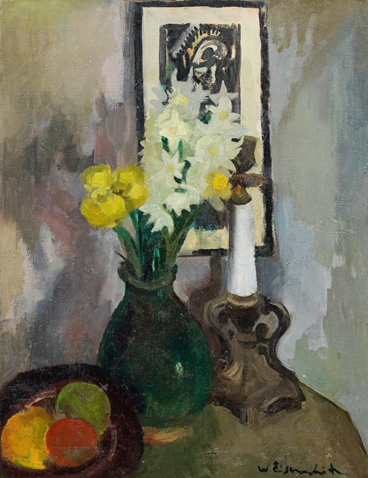 Still life with flower vase, fruits and candles by Willy Eisenschitz