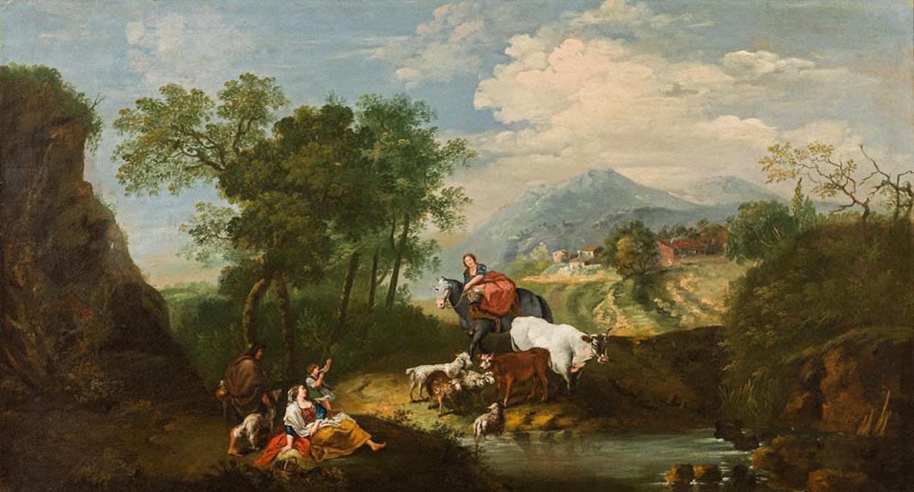 Landscape with equestrian and peasants with a heard of animals resting near a watering place by Francesco Zuccarelli