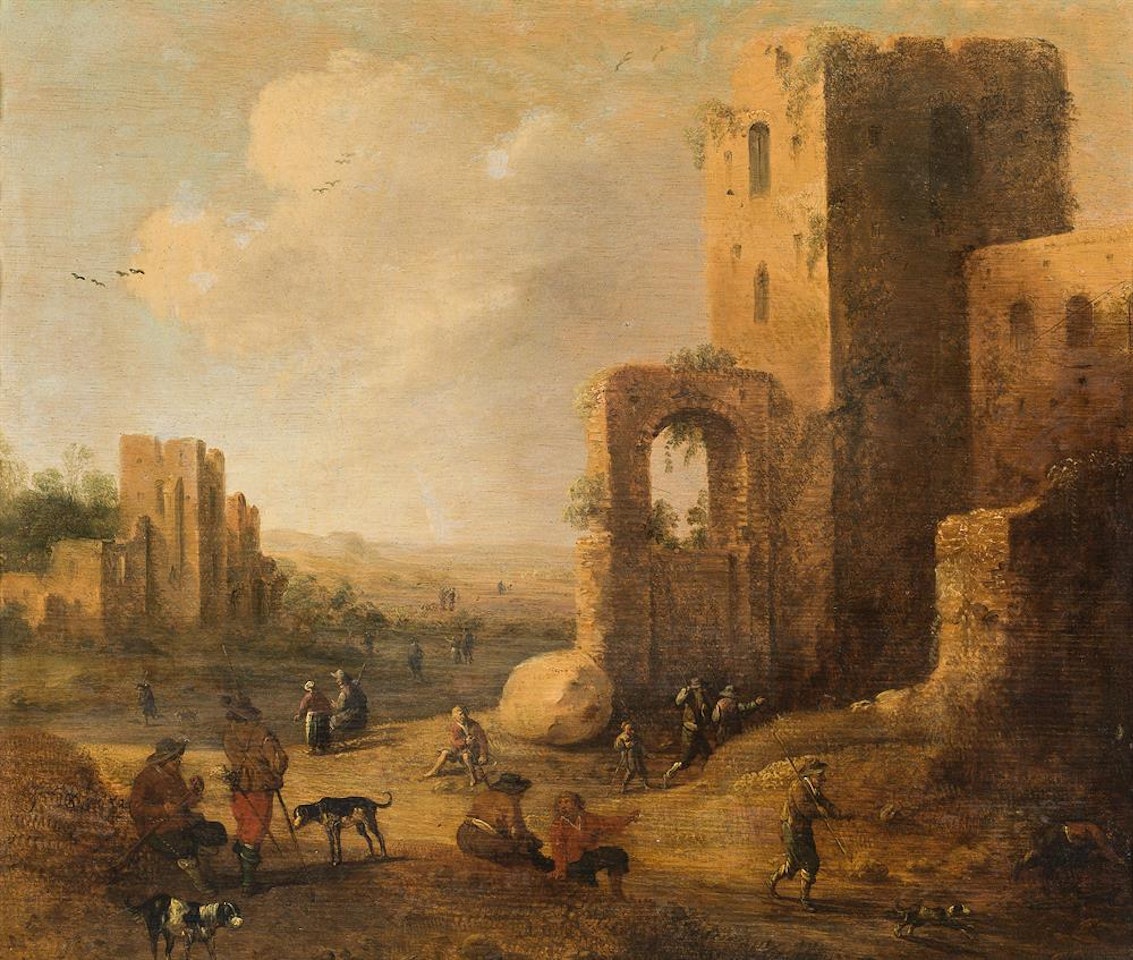 Peasantry in front of the ruins of a castle by Joost Cornelisz Droochsloot