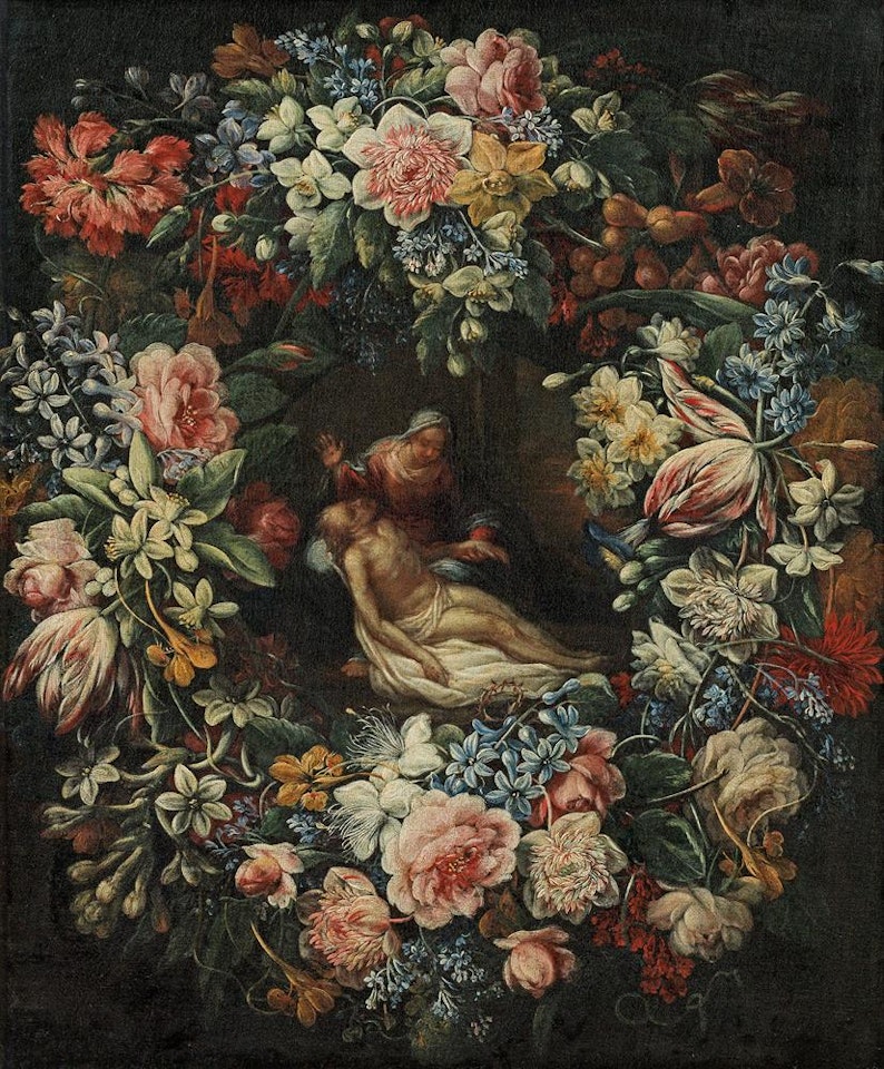 Flower cartouche with pietÃ by Neapolitan School