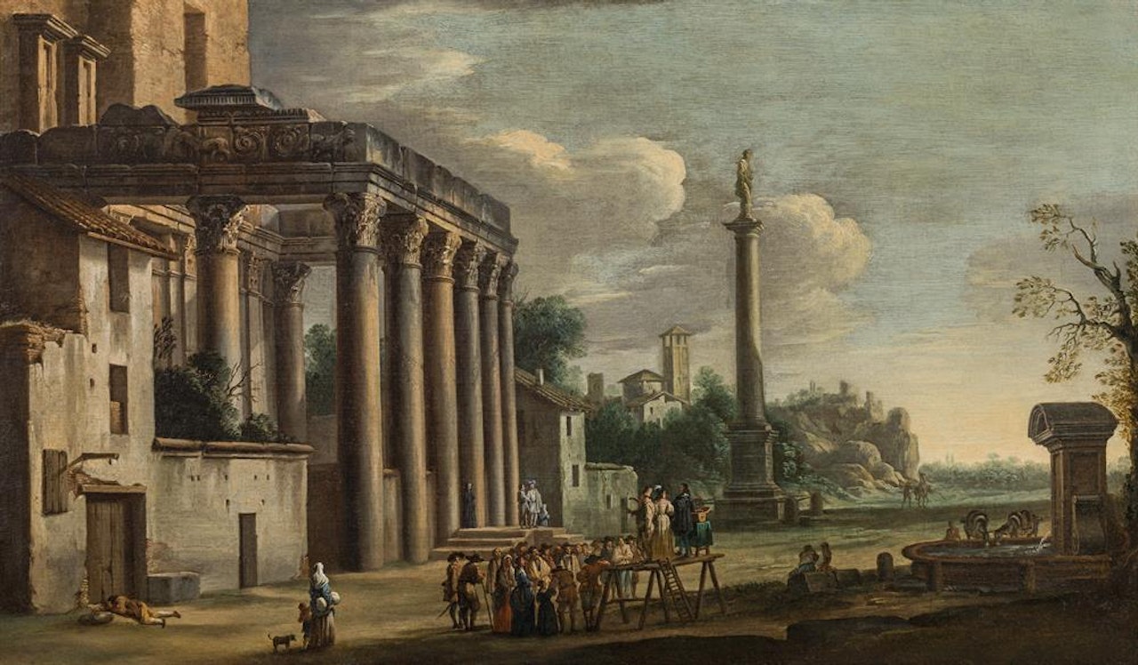 Palace exterior with Commedia dell'Arte group by Flemish School
