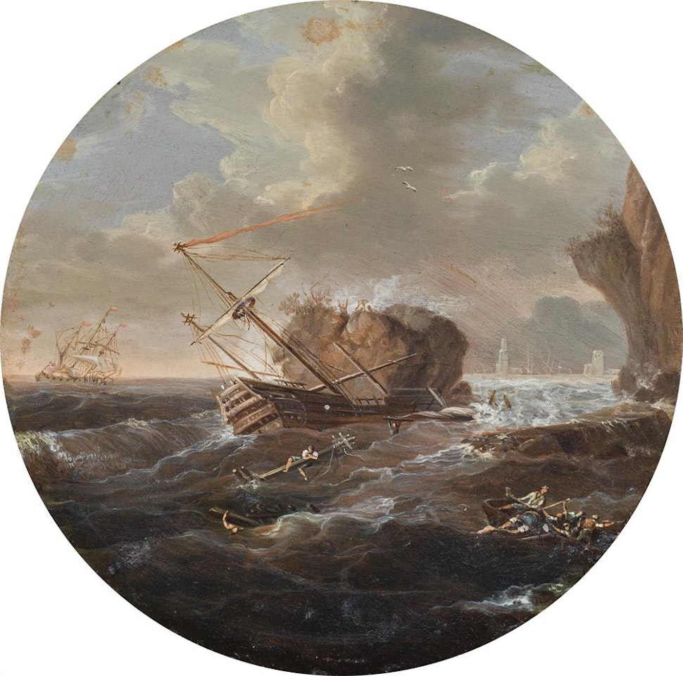 Shipwreck off a rocky coast by French School