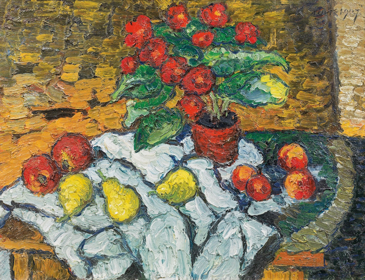 Still life with flower pot and fruit by Karl Stark