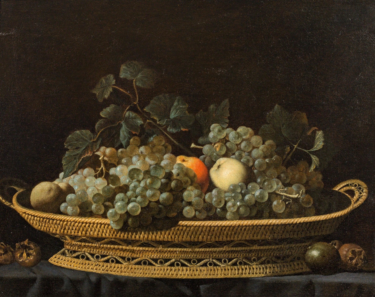 Still life with apples and grapes in a basket by Italian School