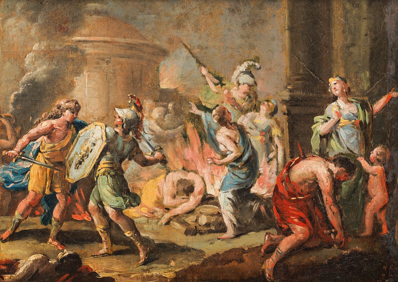 Scene of the Trojan War (the funeral of Achilles in front of burning Troy with the sacrifice of Polyxena, and on the right the suicide of Ajax, beside him probably his wife Tekmessa and son Eurysakes) by French School