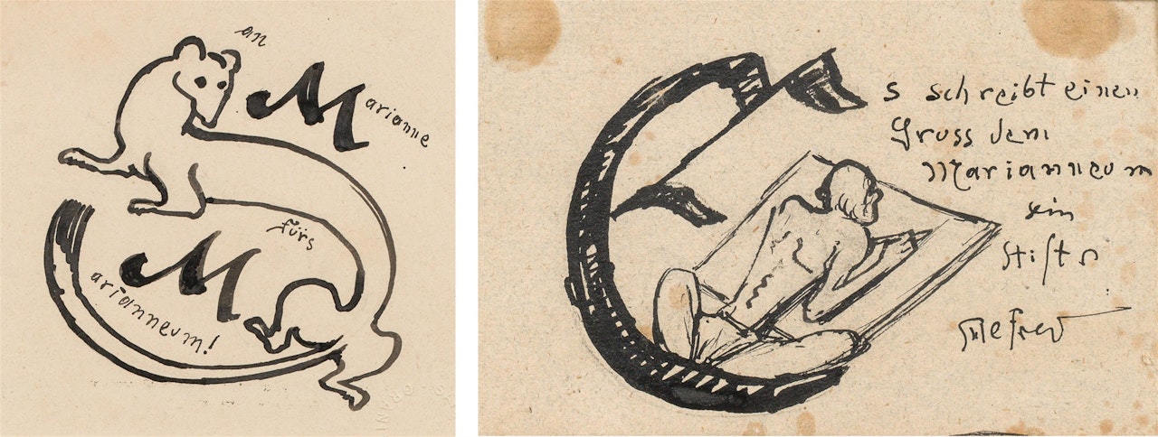 Mixed lot: two greeting cards for Marianne (for the Marianneum) by Alfred Kubin