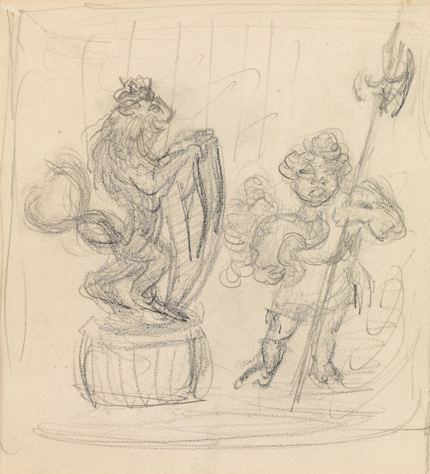 Lion and man with coat of arms recto, woman with child verso by Alfred Kubin