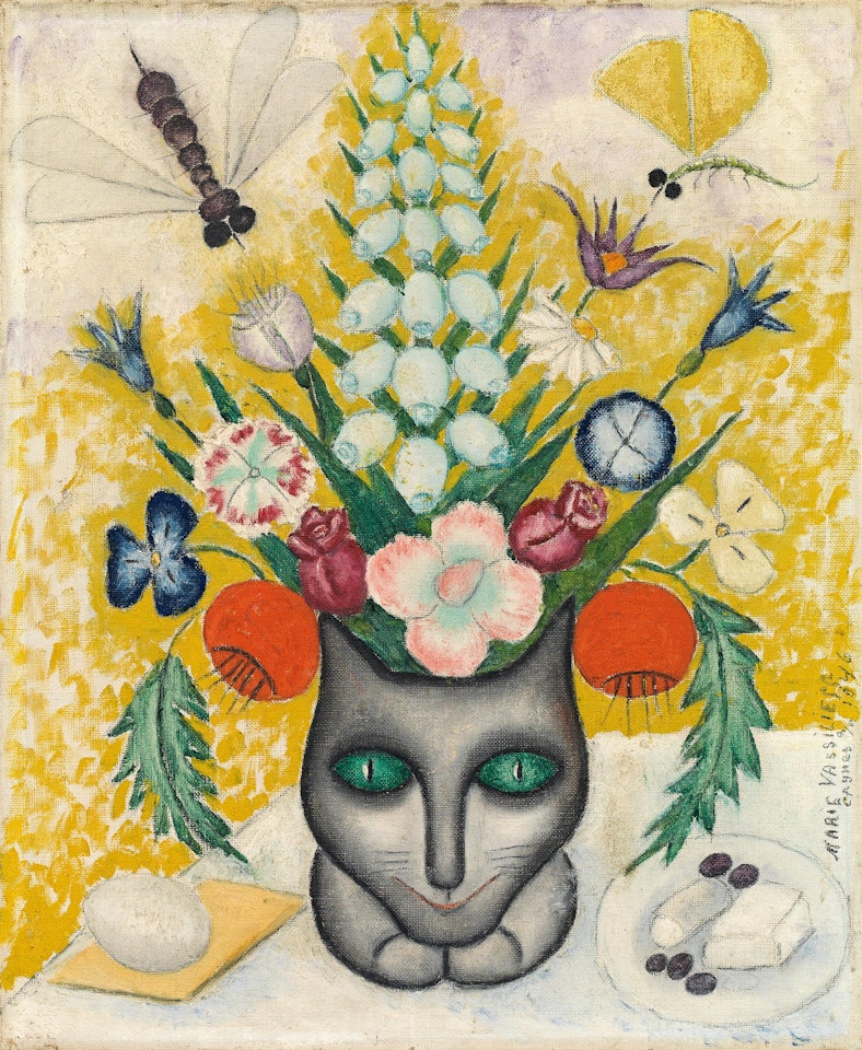Flower bouquet with a cat by Marie Vassilieff