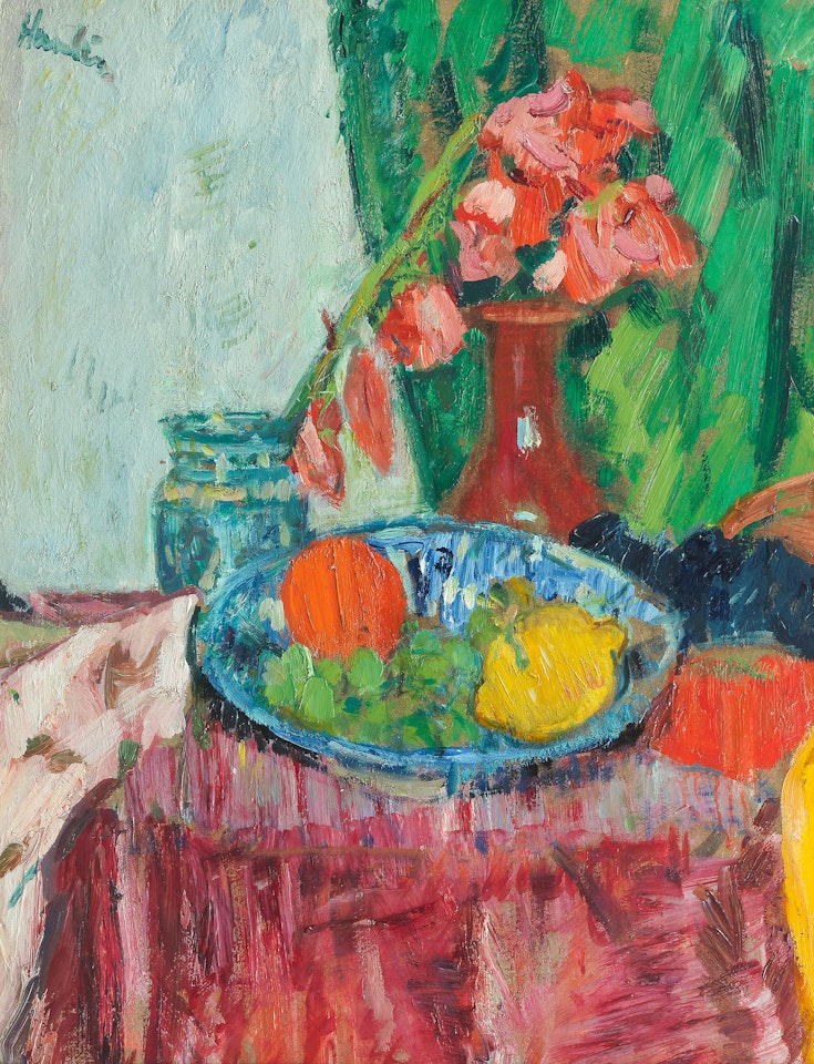 Still Life with Gladioli, Dish and Fruit, by George Leslie Hunter