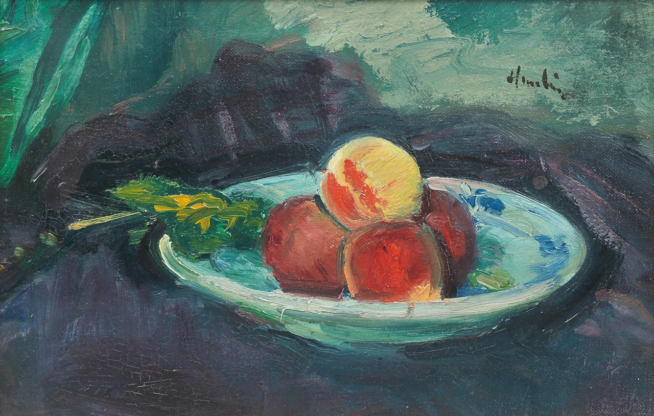 Still Life of a Dish of Fruit on Purple Cloth by George Leslie Hunter