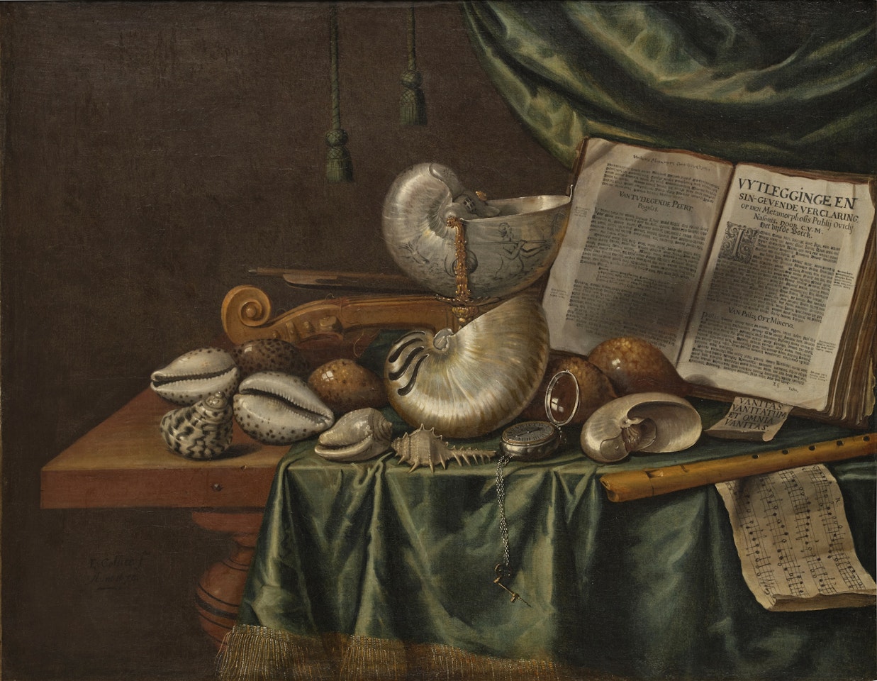 Vanitas still life with assorted shells, musical instruments, and Karel van Mander’s Schilder-boeck on a table by Edwaert Collier
