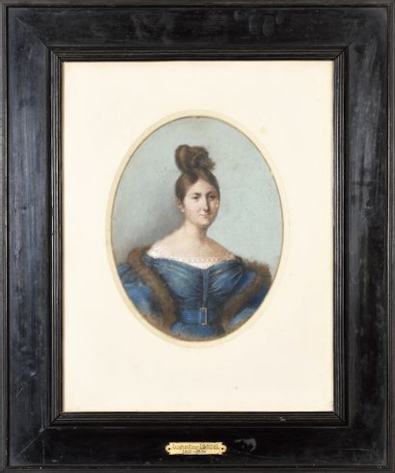 Portrait of a young woman in a blue dress lined with fur by French School