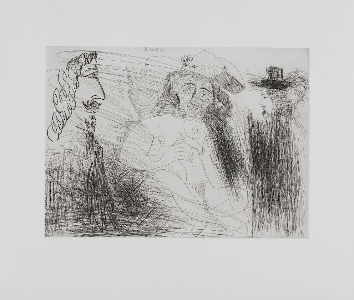 Painter, Nude Model Wearing Hat and Gentleman (Bloch 1773; Baer 1790) by Pablo Picasso