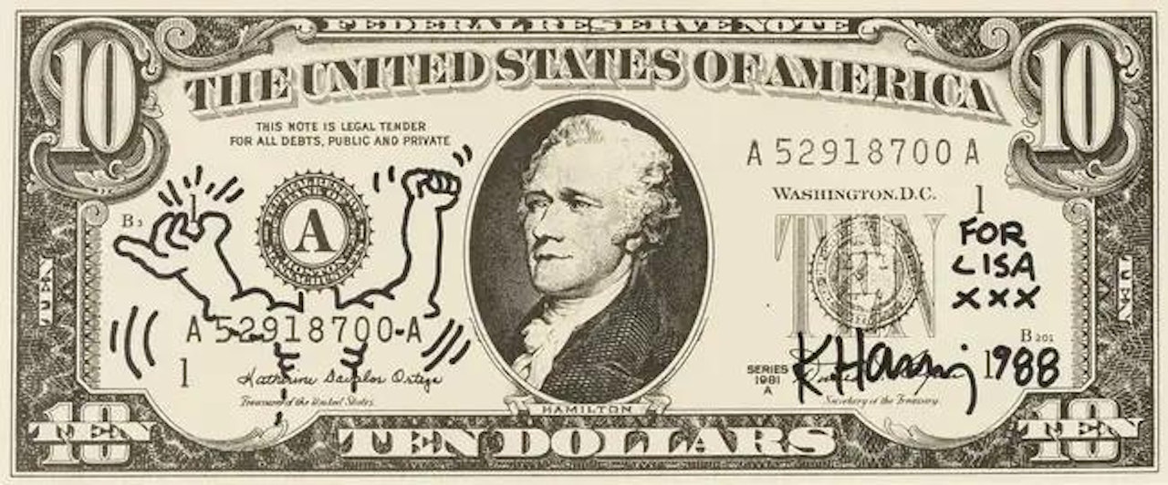 Dollar Bill Drawing (Bodybuilder) by Keith Haring