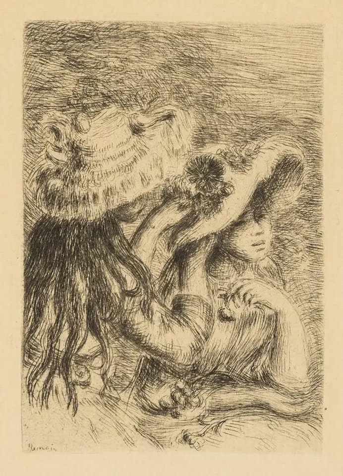 Three Etchings (Sur la plage, à Berneval; Le chapeau épinglé (La fille de Berthe Morisot et sa cousine); Baigneuse debout, a mi-jambes) (Stella 5[iii], 8[ii], 23) by Pierre-Auguste Renoir