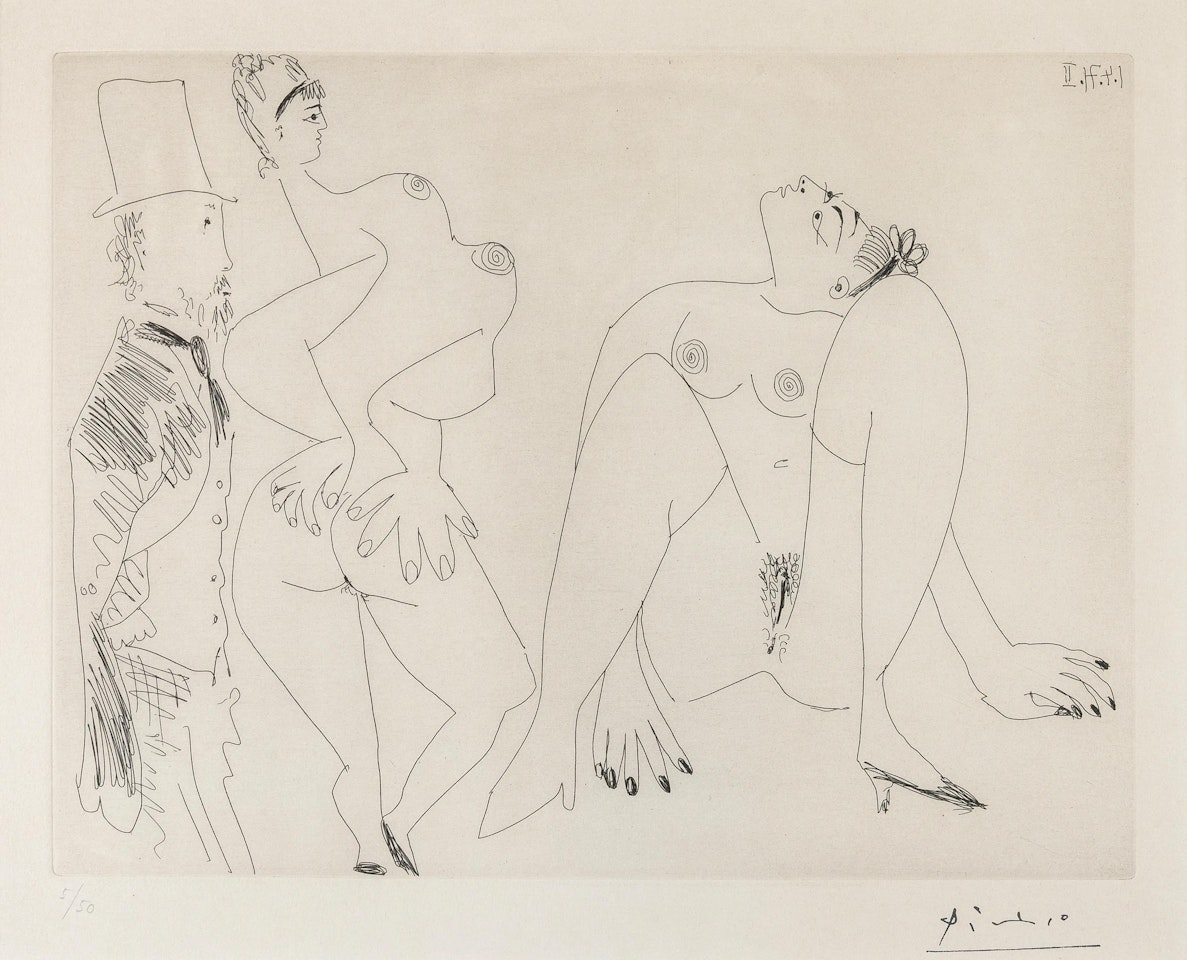 156 series: Degas in Top Hat Viewing Two Nudes (Bloch 1960) by Pablo Picasso