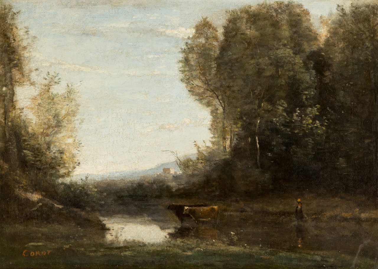 Gardienne et ses deux vaches au marais, c. 1860-65 by Jean Baptiste Camille Corot