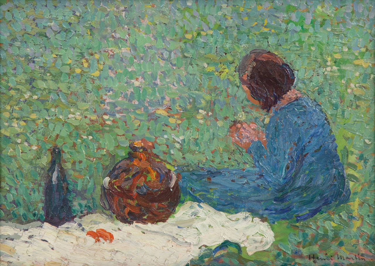 Petite fille en robe bleue assise dans un pré by Henri Jean Guillaume Martin