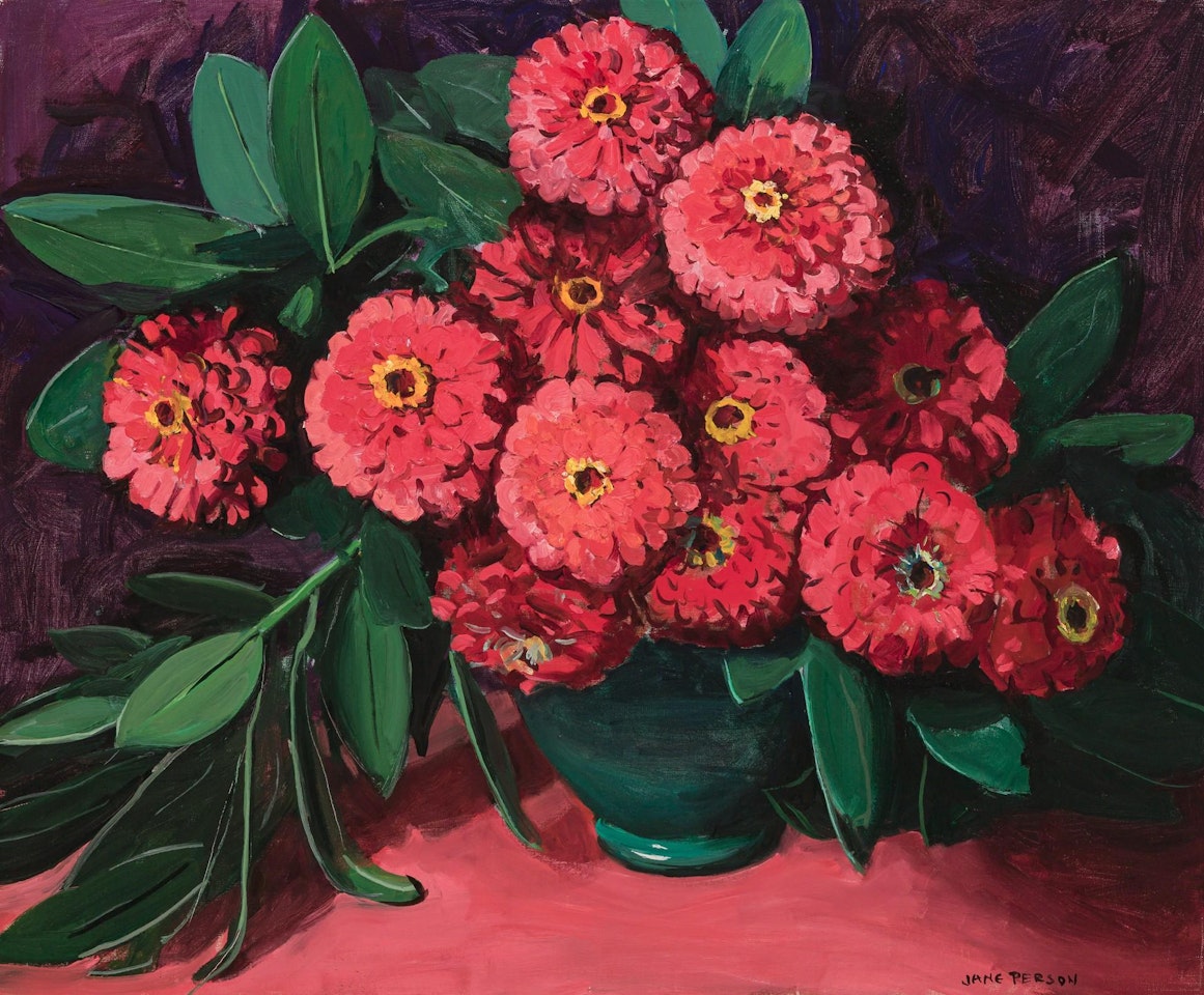 Red Zinnias by Jane Peterson