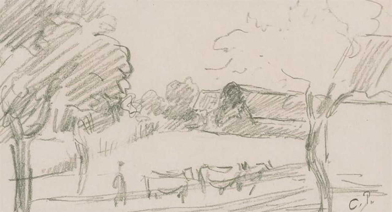 Farmer with Cows in Landscape by Camille Pissarro