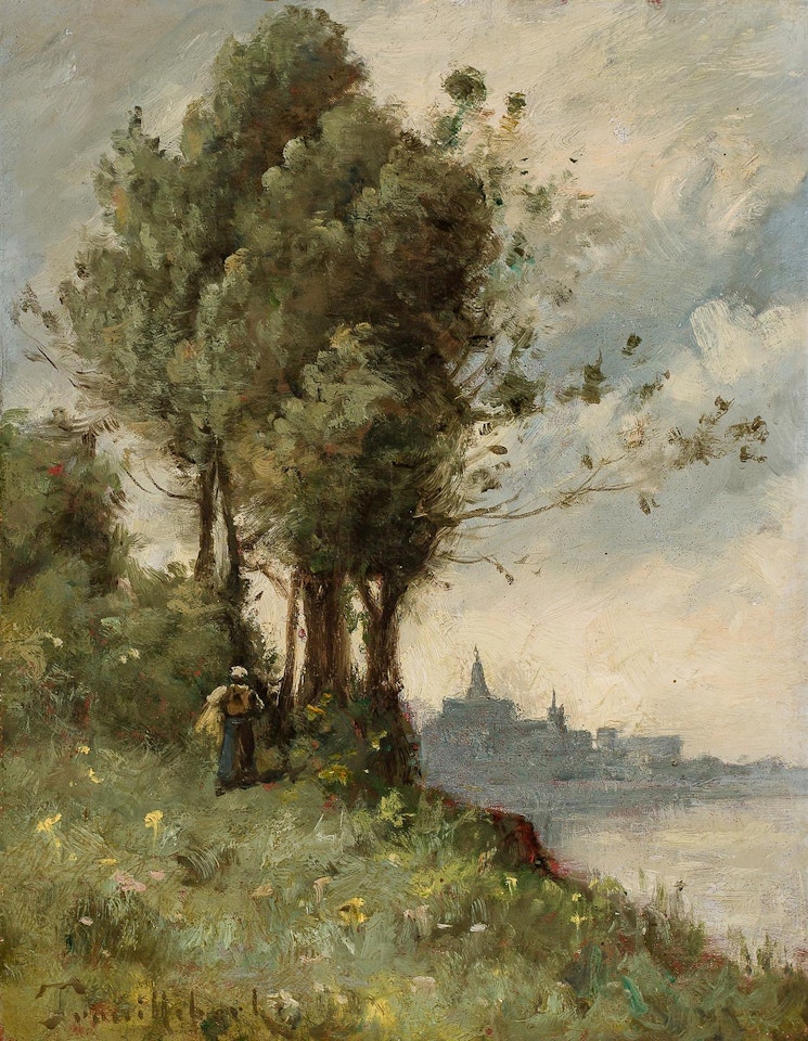 River Landscape, Town in Distance (Les Bords de la Seine a Montes) by Paul Désiré Trouillebert