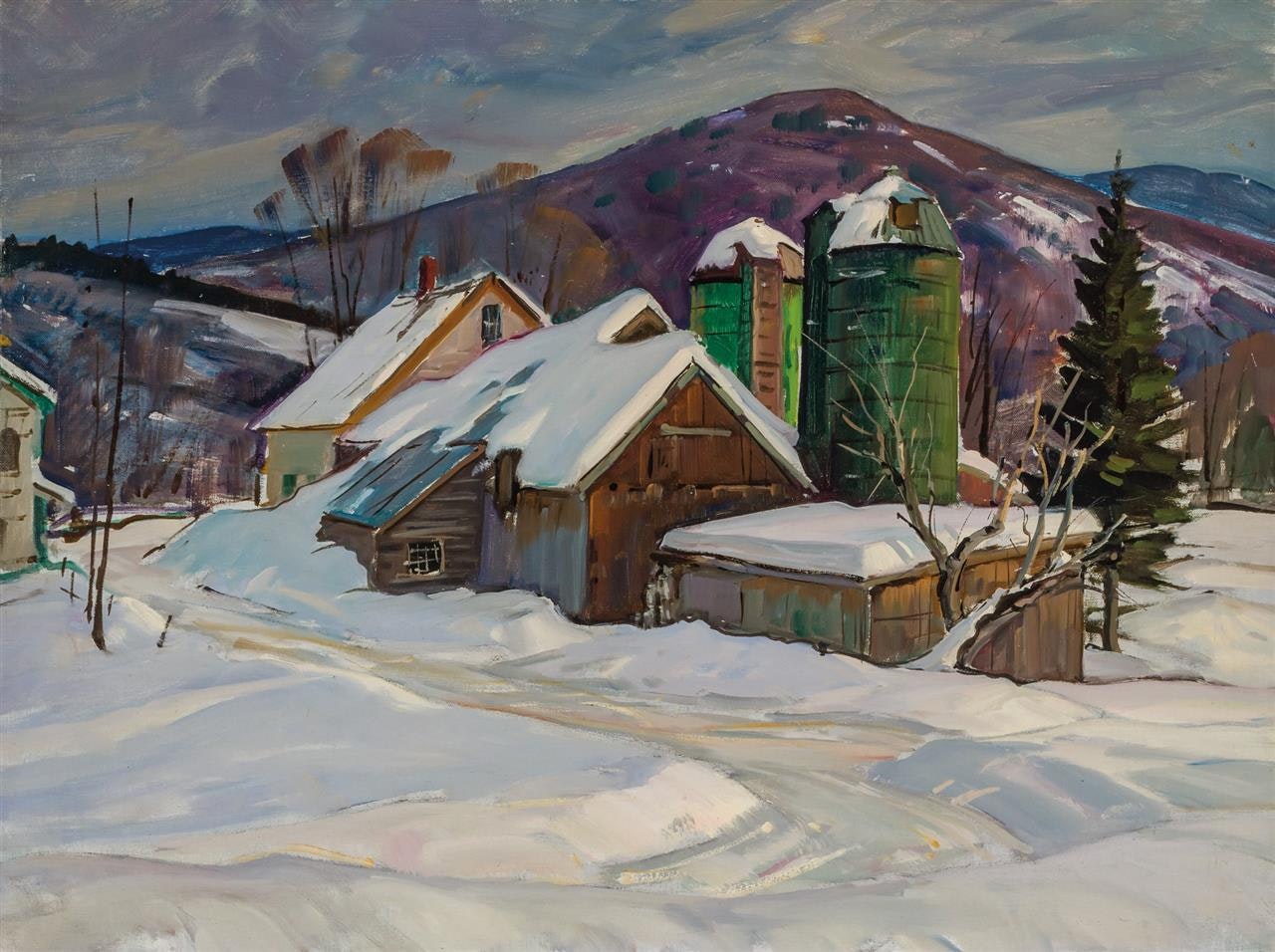 Snow Scene with Green Silos by Aldro Thompson Hibbard