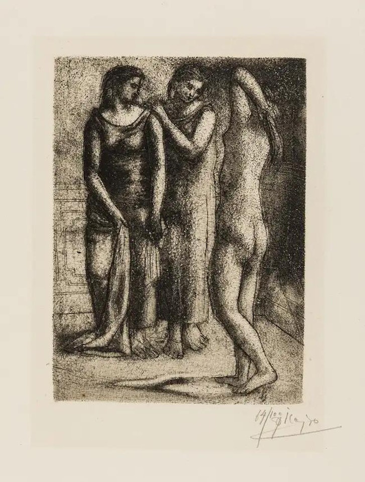 Groupe de Trois Femmes Deux Femmes regardant un modele nu (Bloch 57; Baer 102 Vl) by Pablo Picasso