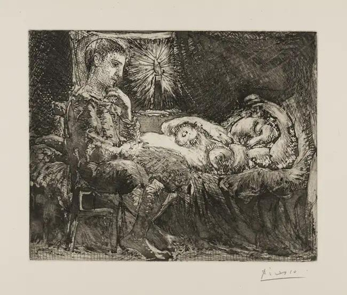 Garcon pensif veillant une dormeuse a une lumiere d"une Chandelle (Bloch 226) by Pablo Picasso