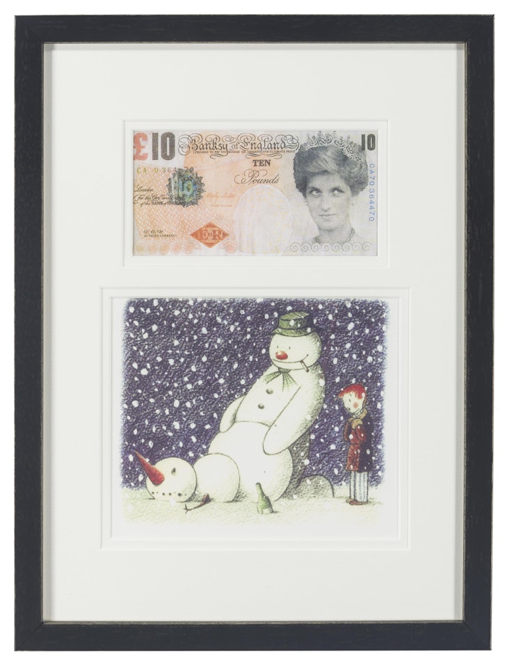 "Di-Faced Tenner" and "Rude Snowman Christmas Card," by Banksy