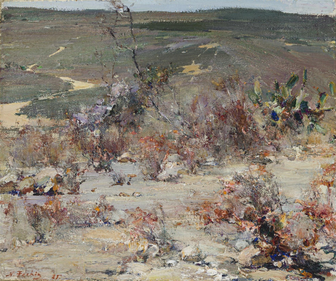 Road through a desert landscape, likely Taos, NM by Nicolai Fechin