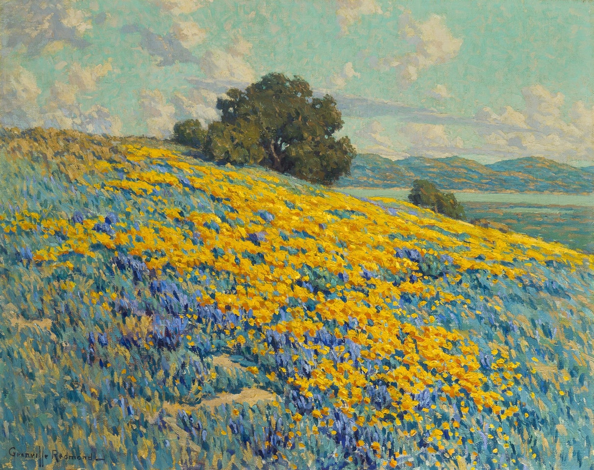 California landscape with poppies and lupine by Granville Redmond