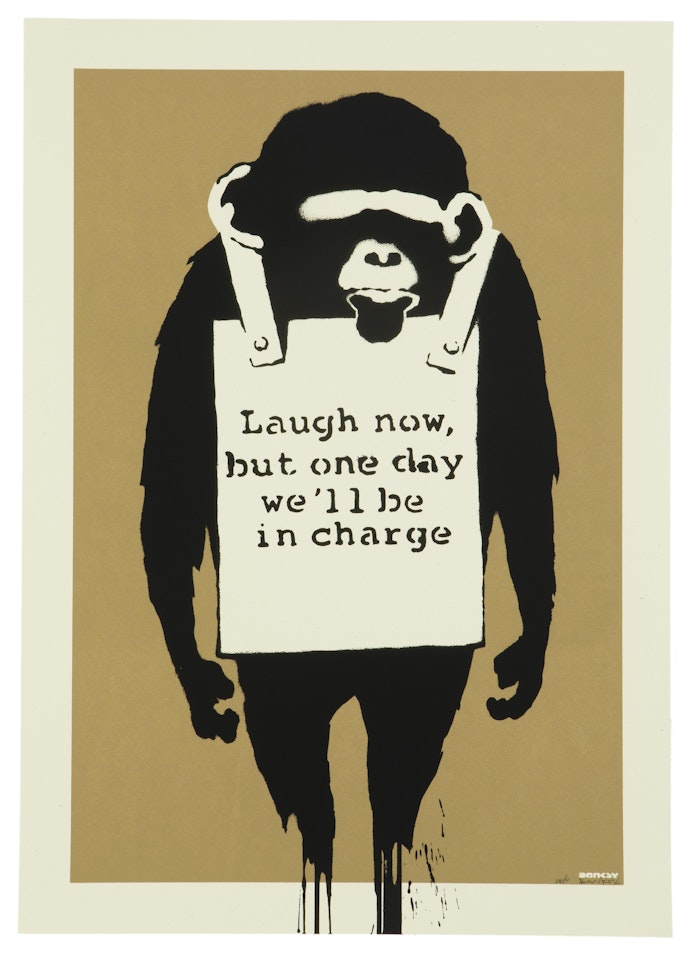 "LAUGH NOW," by Banksy