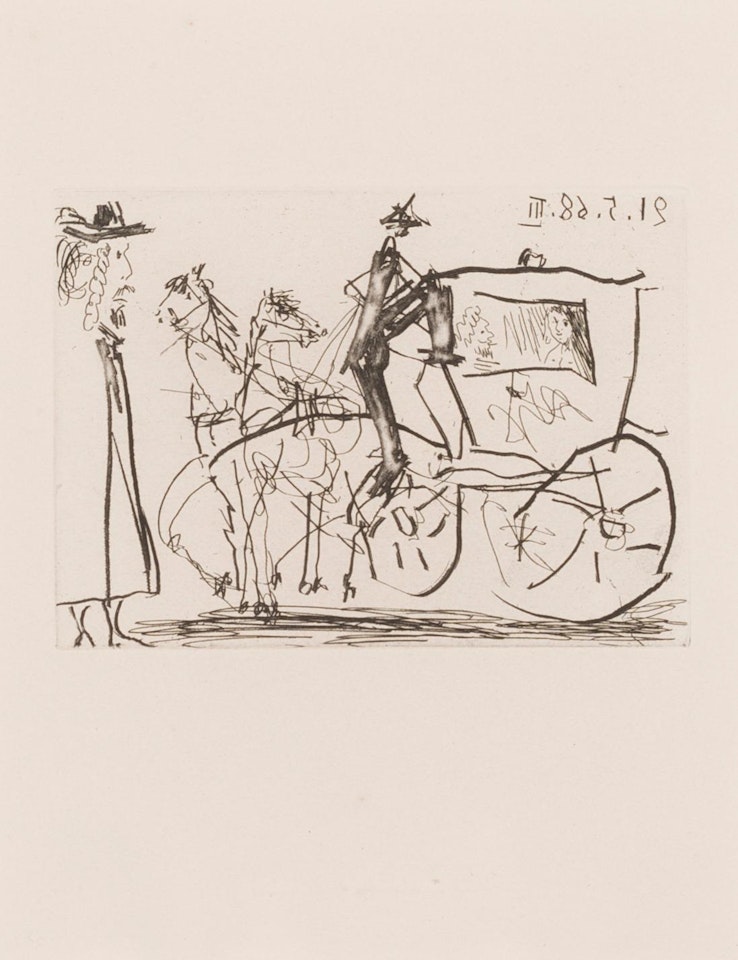 "Man Viewing Couple in Horse-drawn Carriage,"; (from Series 347) by Pablo Picasso